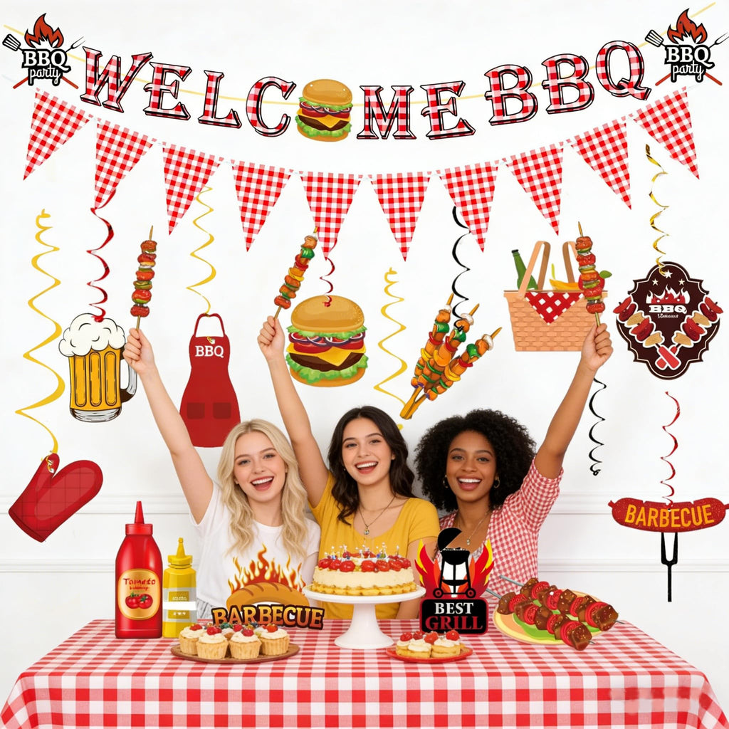 WAWEOOP BBQ Party Decorations Set – Welcome Banner, Checkered Banner, Hanging Swirls, Pre-Strung Cardstock