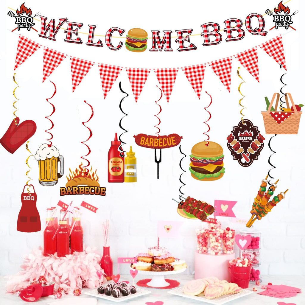 WAWEOOP BBQ Party Decorations Set – Welcome Banner, Checkered Banner, Hanging Swirls, Pre-Strung Cardstock