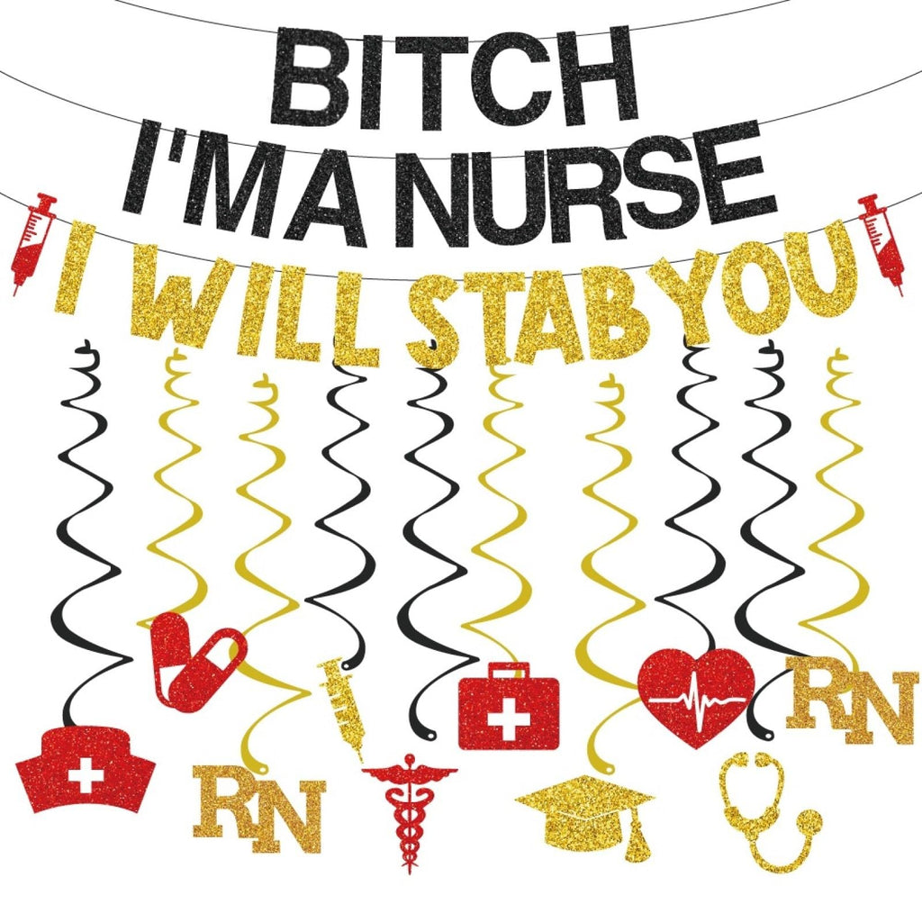 WAWEOOP Glitter Black Gold Nursing Graduation Banner Set - Pre-Strung, 8.2ft, with Hanging Swirls - Party Decor for RN BSN Grad 2026