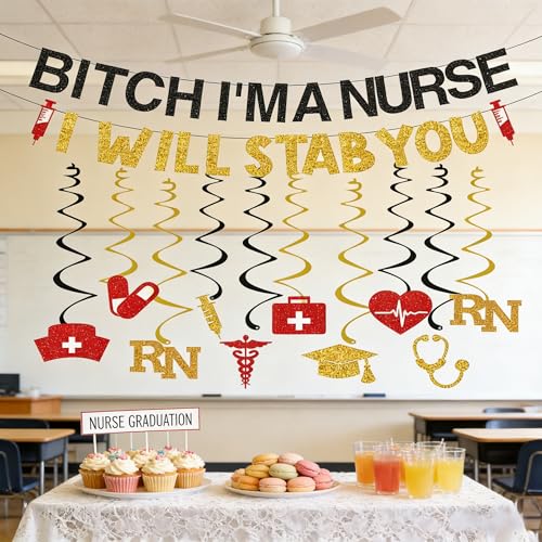 WAWEOOP Glitter Black Gold Nursing Graduation Banner Set - Pre-Strung, 8.2ft, with Hanging Swirls - Party Decor for RN BSN Grad 2026