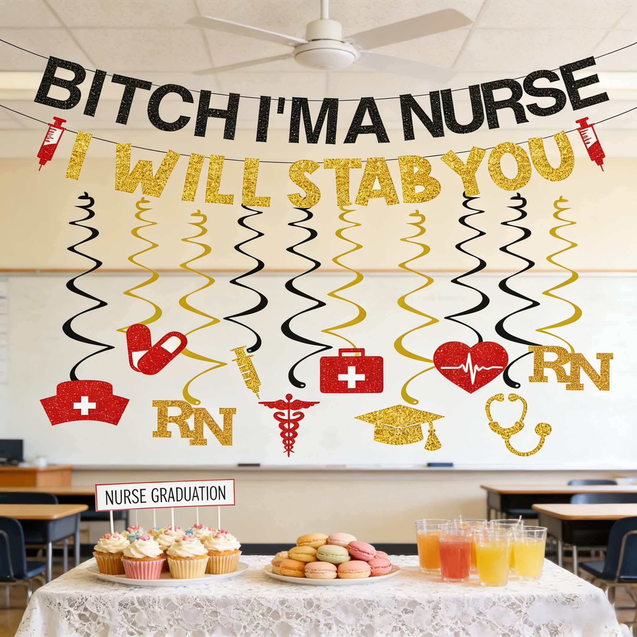 WAWEOOP Glitter Black Gold Nursing Graduation Banner Set - Pre-Strung, 8.2ft, with Hanging Swirls - Party Decor for RN BSN Grad 2026