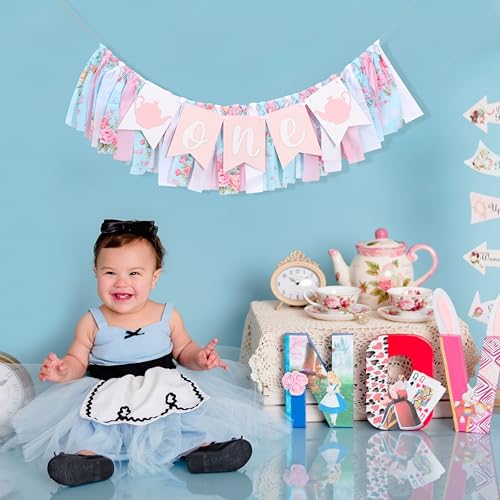 WAWUO Alice In Wonderland Teapot High Chair Garland - Fabric Birthday Banner for First Birthday Party Decorations