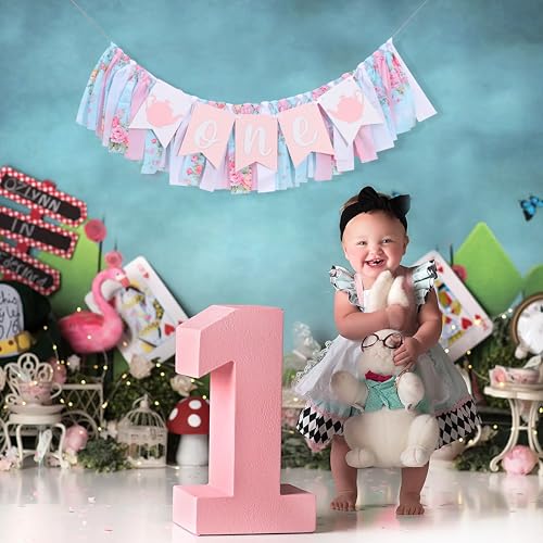 WAWUO Alice In Wonderland Teapot High Chair Garland - Fabric Birthday Banner for First Birthday Party Decorations