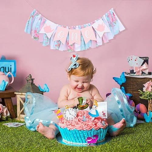 WAWUO Alice In Wonderland Teapot High Chair Garland - Fabric Birthday Banner for First Birthday Party Decorations