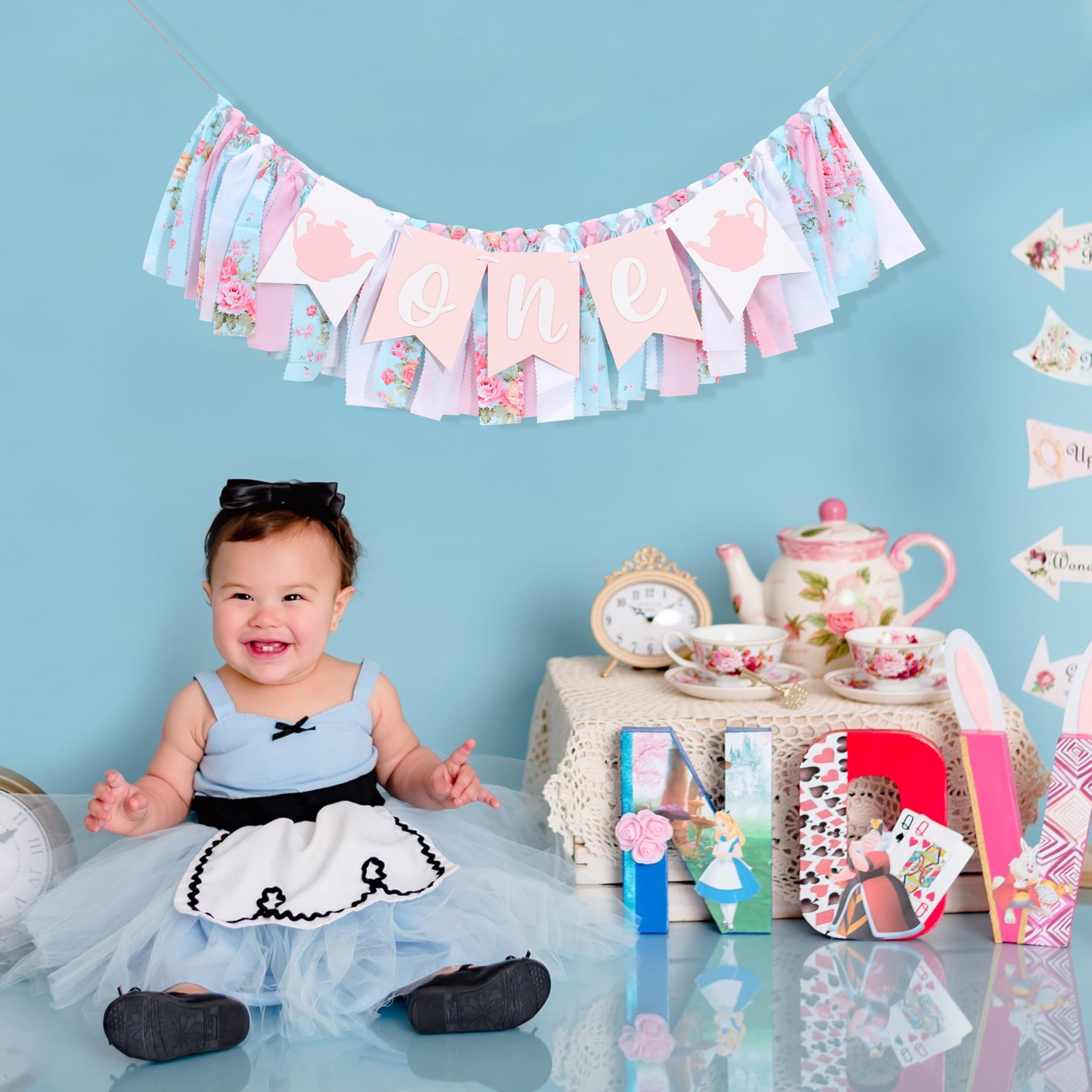WAWUO Alice In Wonderland Teapot High Chair Garland - Fabric Birthday Banner for First Birthday Party Decorations