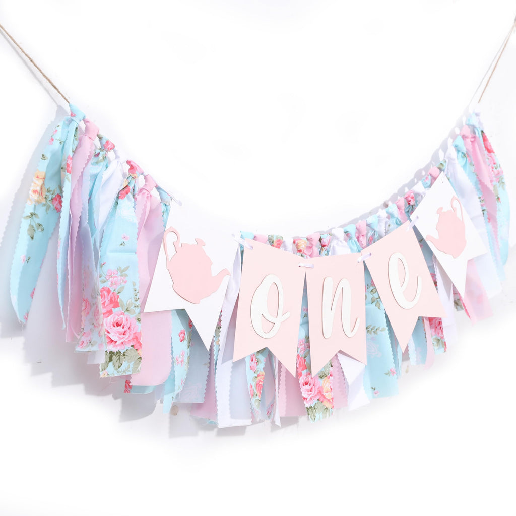 WAWUO Alice In Wonderland Teapot High Chair Garland - Fabric Birthday Banner for First Birthday Party Decorations