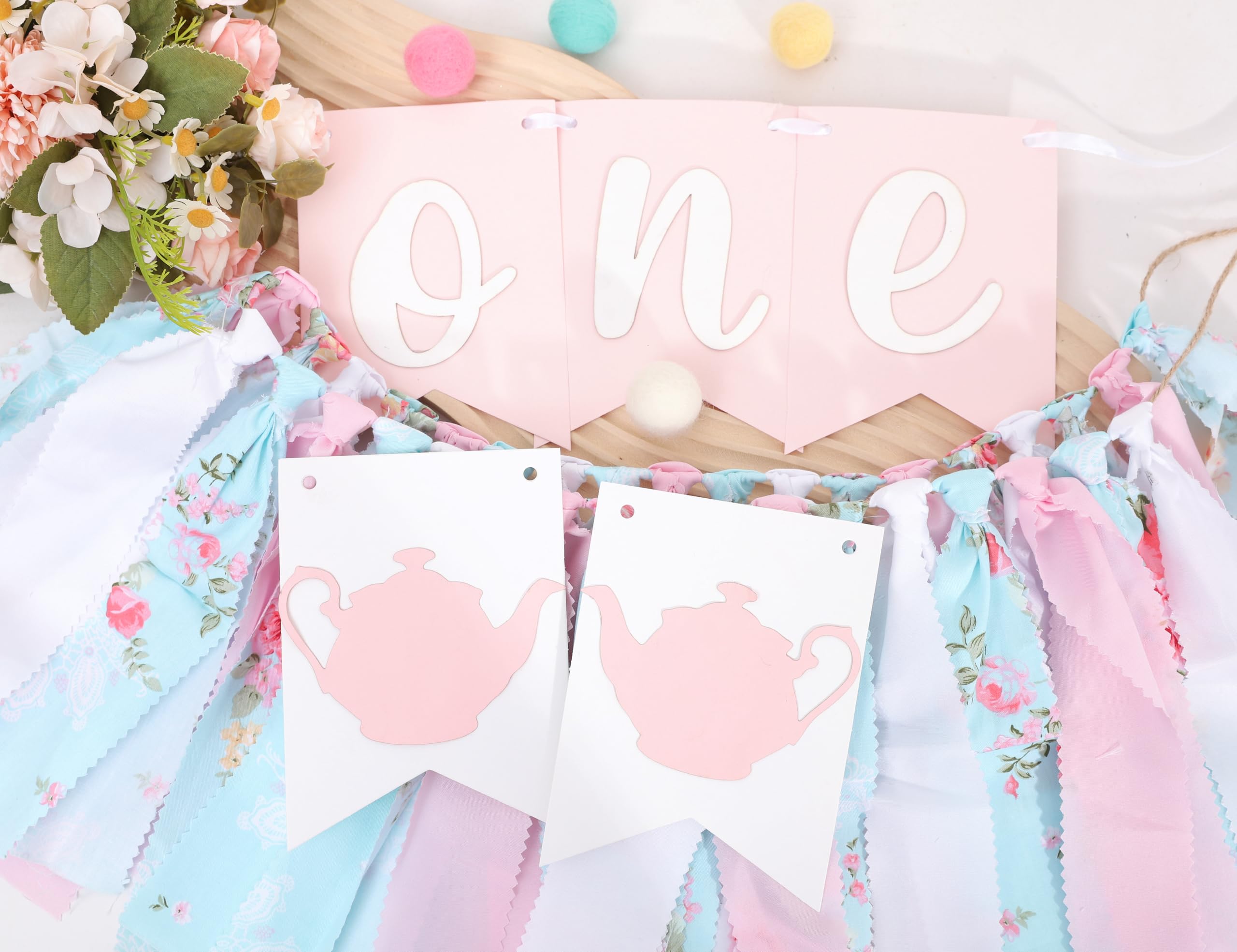 WAWUO Alice In Wonderland Teapot High Chair Garland - Fabric Birthday Banner for First Birthday Party Decorations
