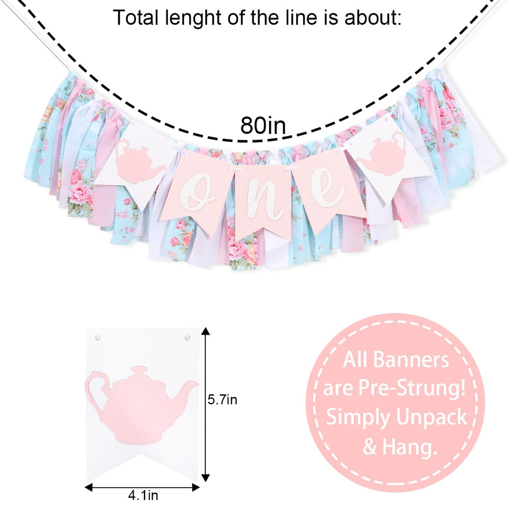 WAWUO Alice In Wonderland Teapot High Chair Garland - Fabric Birthday Banner for First Birthday Party Decorations