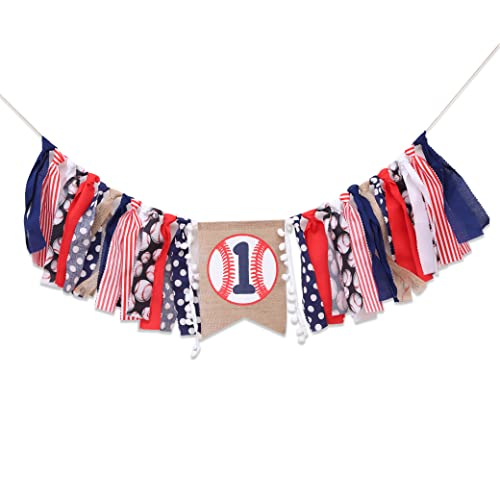 WAWUO Baseball 1st Birthday Banner for Highchair – Boy's First Birthday Decorations with Linen Number One and Hemp Rope