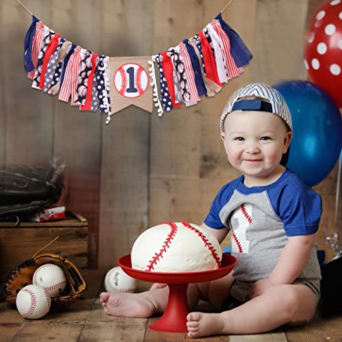 WAWUO Baseball 1st Birthday Banner for Highchair – Boy's First Birthday Decorations with Linen Number One and Hemp Rope