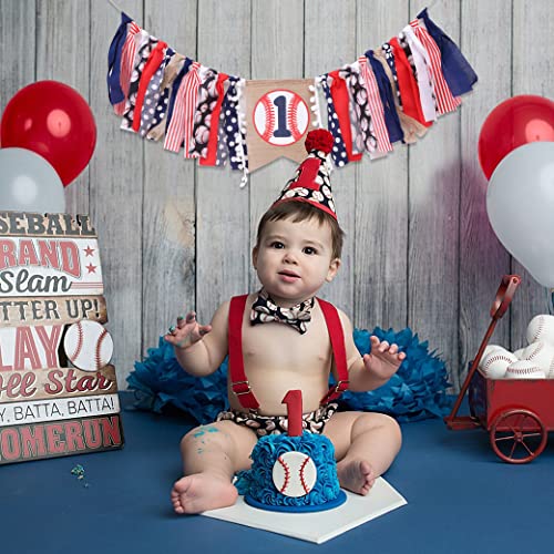 WAWUO Baseball 1st Birthday Banner for Highchair – Boy's First Birthday Decorations with Linen Number One and Hemp Rope