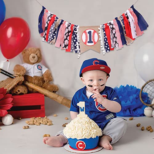 WAWUO Baseball 1st Birthday Banner for Highchair – Boy's First Birthday Decorations with Linen Number One and Hemp Rope