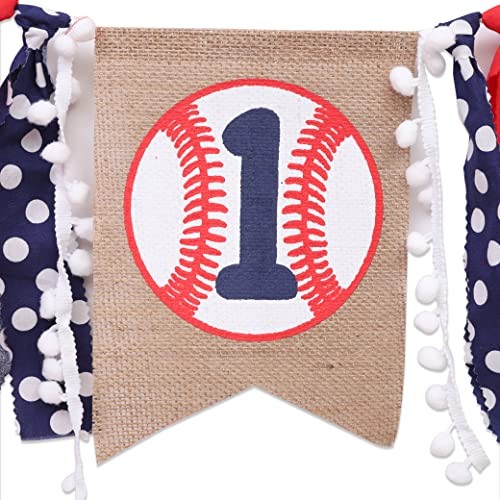 WAWUO Baseball 1st Birthday Banner for Highchair – Boy's First Birthday Decorations with Linen Number One and Hemp Rope