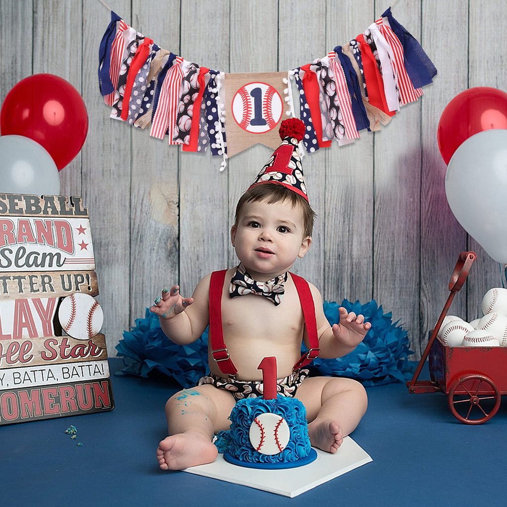 WAWUO Baseball 1st Birthday Banner for Highchair – Boy's First Birthday Decorations with Linen Number One and Hemp Rope