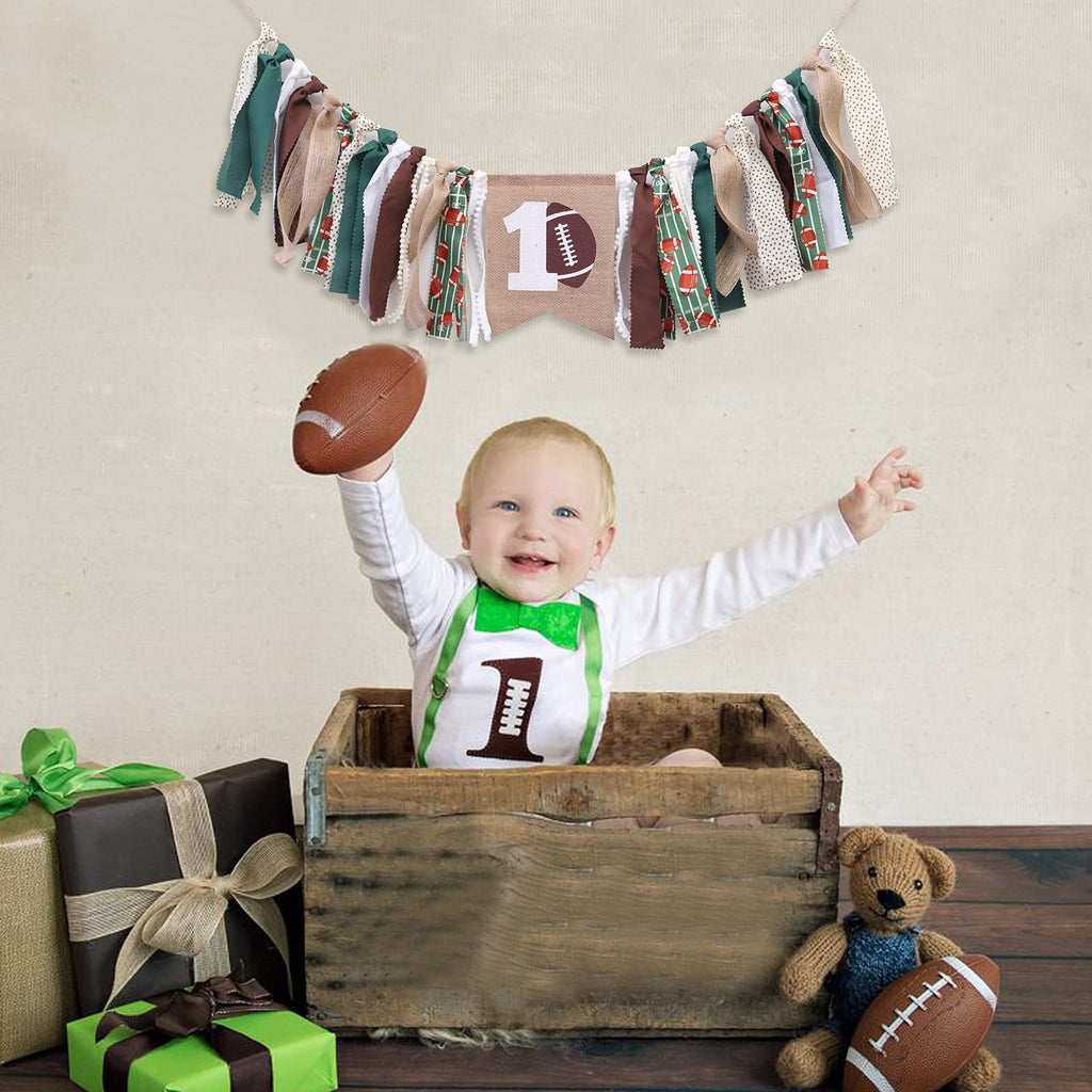 WAWUO Football 1st Birthday High Chair Banner - Burlap Happy 1st Banner with Rope for Baby Boy Party Decor