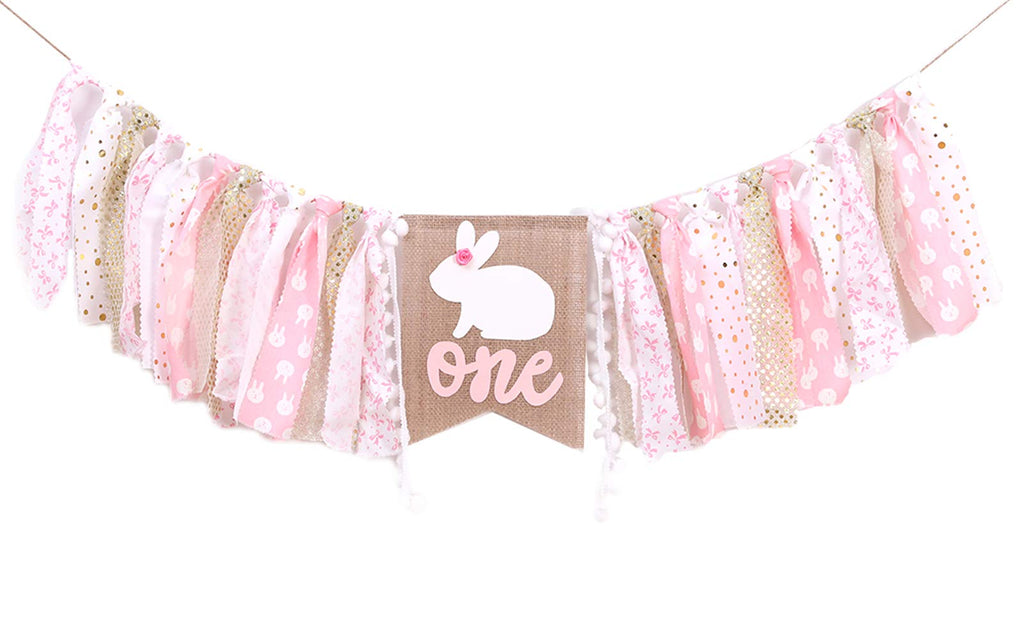 WAWUO Pink Rabbit 1st Birthday High Chair Banner - 80 Inch Fabric Banner for Baby Girl Princess Party Decorations