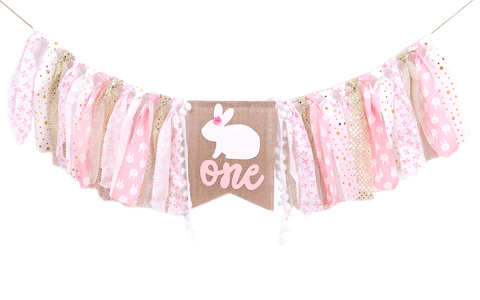 WAWUO Pink Rabbit 1st Birthday High Chair Banner - 80 Inch Fabric Banner for Baby Girl Princess Party Decorations