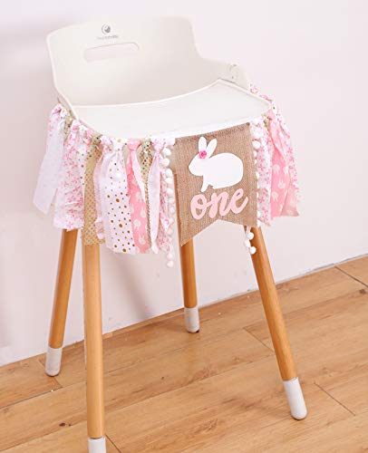 WAWUO Pink Rabbit 1st Birthday High Chair Banner - 80 Inch Fabric Banner for Baby Girl Princess Party Decorations