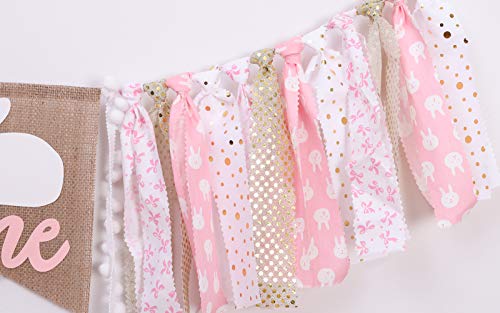 WAWUO Pink Rabbit 1st Birthday High Chair Banner - 80 Inch Fabric Banner for Baby Girl Princess Party Decorations