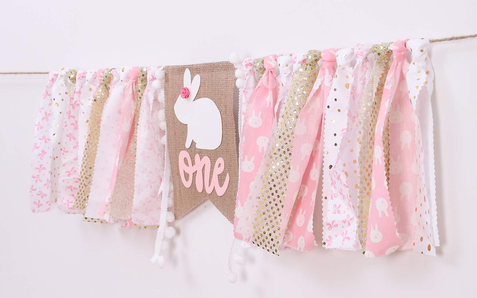 WAWUO Pink Rabbit 1st Birthday High Chair Banner - 80 Inch Fabric Banner for Baby Girl Princess Party Decorations