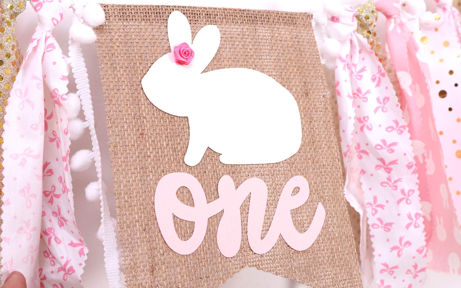 WAWUO Pink Rabbit 1st Birthday High Chair Banner - 80 Inch Fabric Banner for Baby Girl Princess Party Decorations