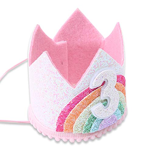 WAWUO Rainbow Birthday Crown for Girls - Glitter Felt Hat for Baby's 1st Birthday Party Photo Props