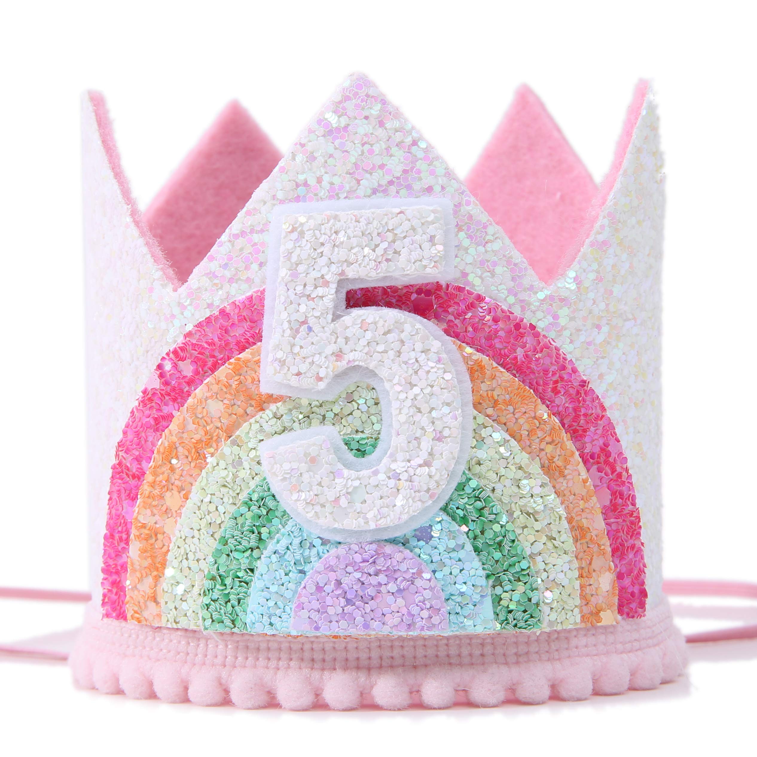 WAWUO Rainbow Birthday Crown for Girls 1-6, Light Pink Glitter Felt Hat with Pastel Rainbow, Party Supplies Photo Prop