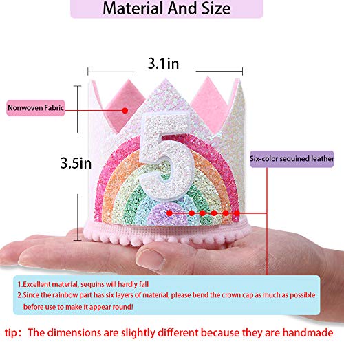 WAWUO Rainbow Birthday Crown for Girls 1-6, Light Pink Glitter Felt Hat with Pastel Rainbow, Party Supplies Photo Prop