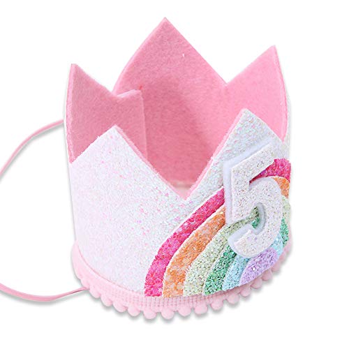 WAWUO Rainbow Birthday Crown for Girls 1-6, Light Pink Glitter Felt Hat with Pastel Rainbow, Party Supplies Photo Prop