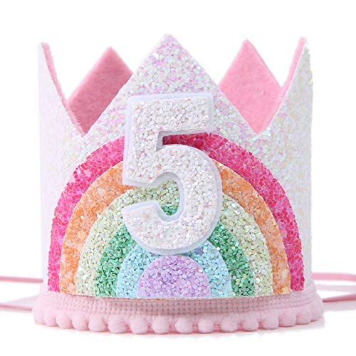 WAWUO Rainbow Birthday Crown for Girls 1-6, Light Pink Glitter Felt Hat with Pastel Rainbow, Party Supplies Photo Prop