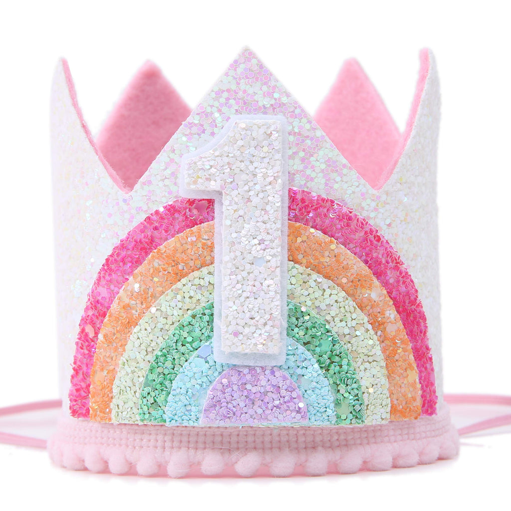 WAWUO Rainbow Birthday Crown for Girls – Light Pink Glitter Felt Hat for 1–6 Year Olds