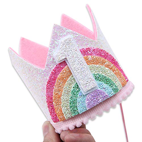 WAWUO Rainbow Birthday Crown for Girls – Light Pink Glitter Felt Hat for 1–6 Year Olds
