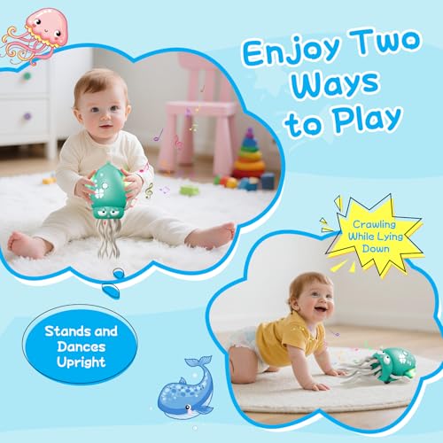 WAYPIN SION Green Crawling Dancing Octopus Toy – Rechargeable Sensory Toy with Lights & Music for Babies Tummy Time, Birthday Gift