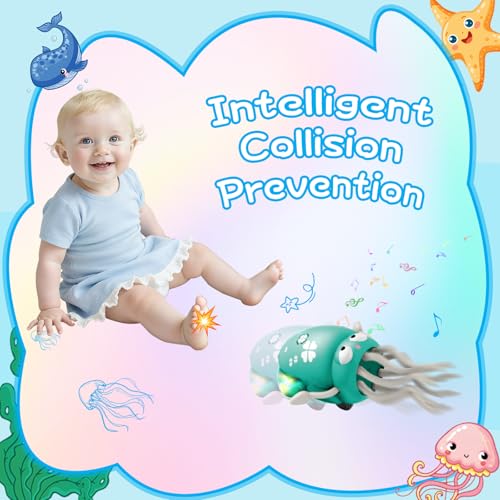 WAYPIN SION Green Crawling Dancing Octopus Toy – Rechargeable Sensory Toy with Lights & Music for Babies Tummy Time, Birthday Gift