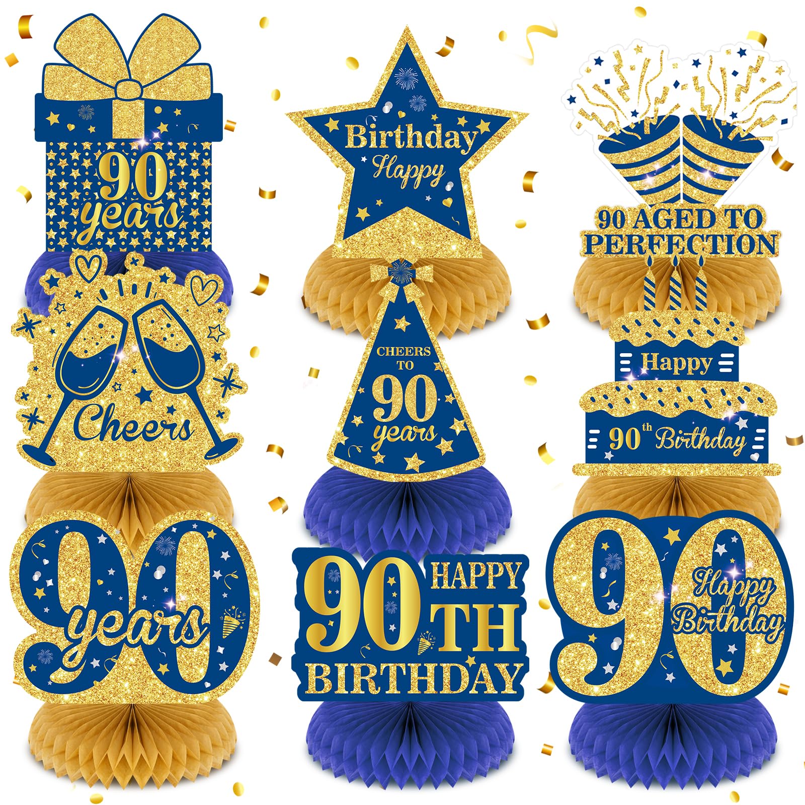 Wayyogh 9-Piece Navy Blue & Gold 90th Birthday Honeycomb Centerpieces – Table Decor for Men, Women, Anniversary Parties