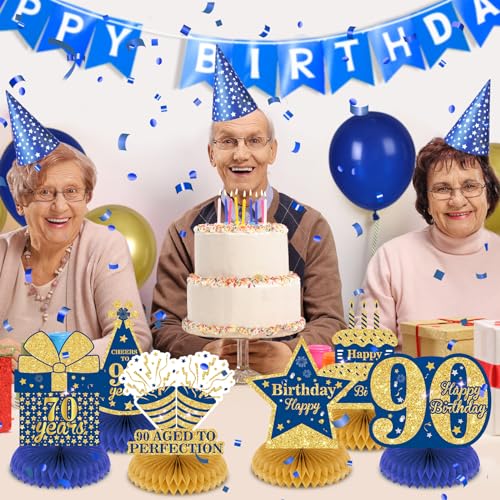 Wayyogh 9-Piece Navy Blue & Gold 90th Birthday Honeycomb Centerpieces – Table Decor for Men, Women, Anniversary Parties