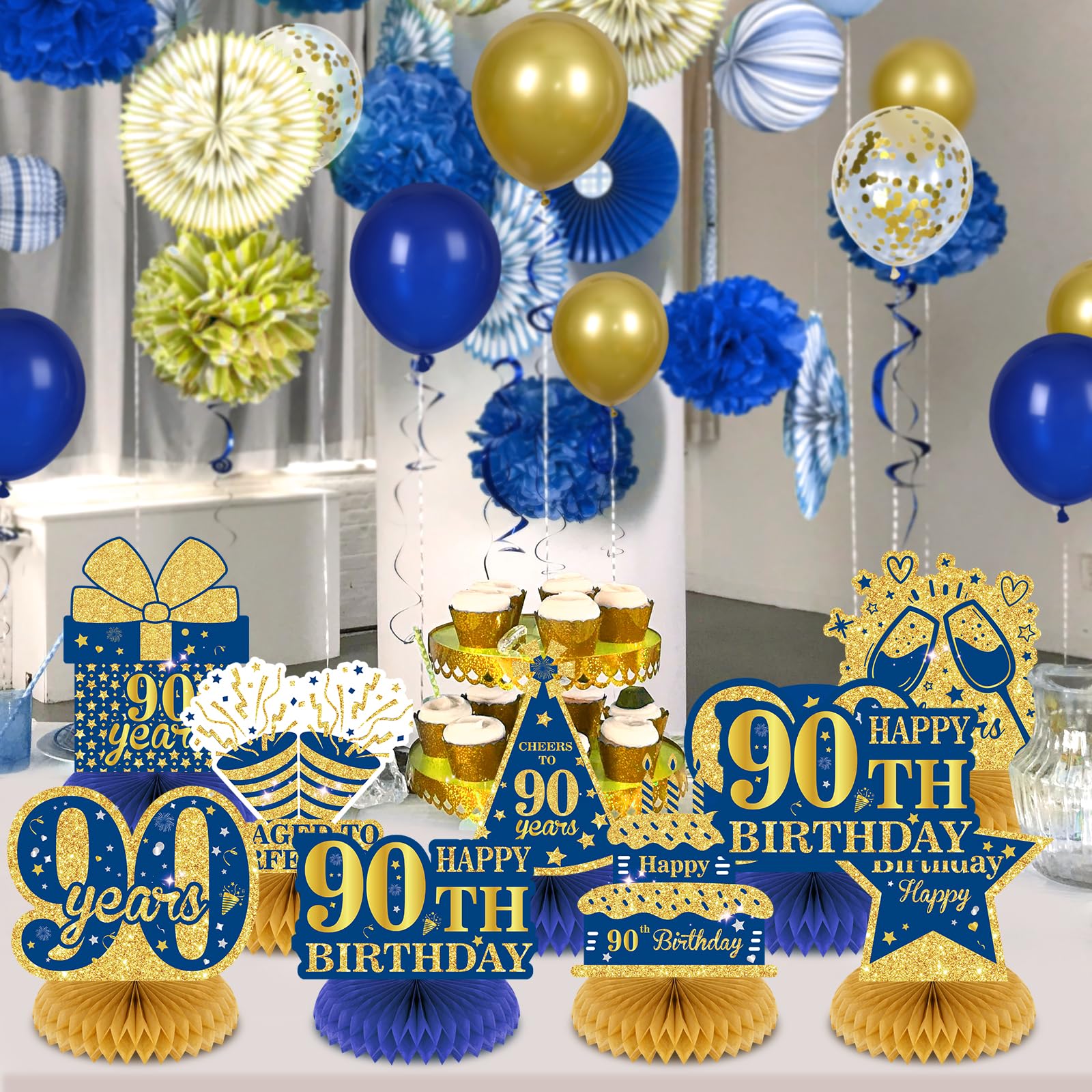 Wayyogh 9-Piece Navy Blue & Gold 90th Birthday Honeycomb Centerpieces – Table Decor for Men, Women, Anniversary Parties