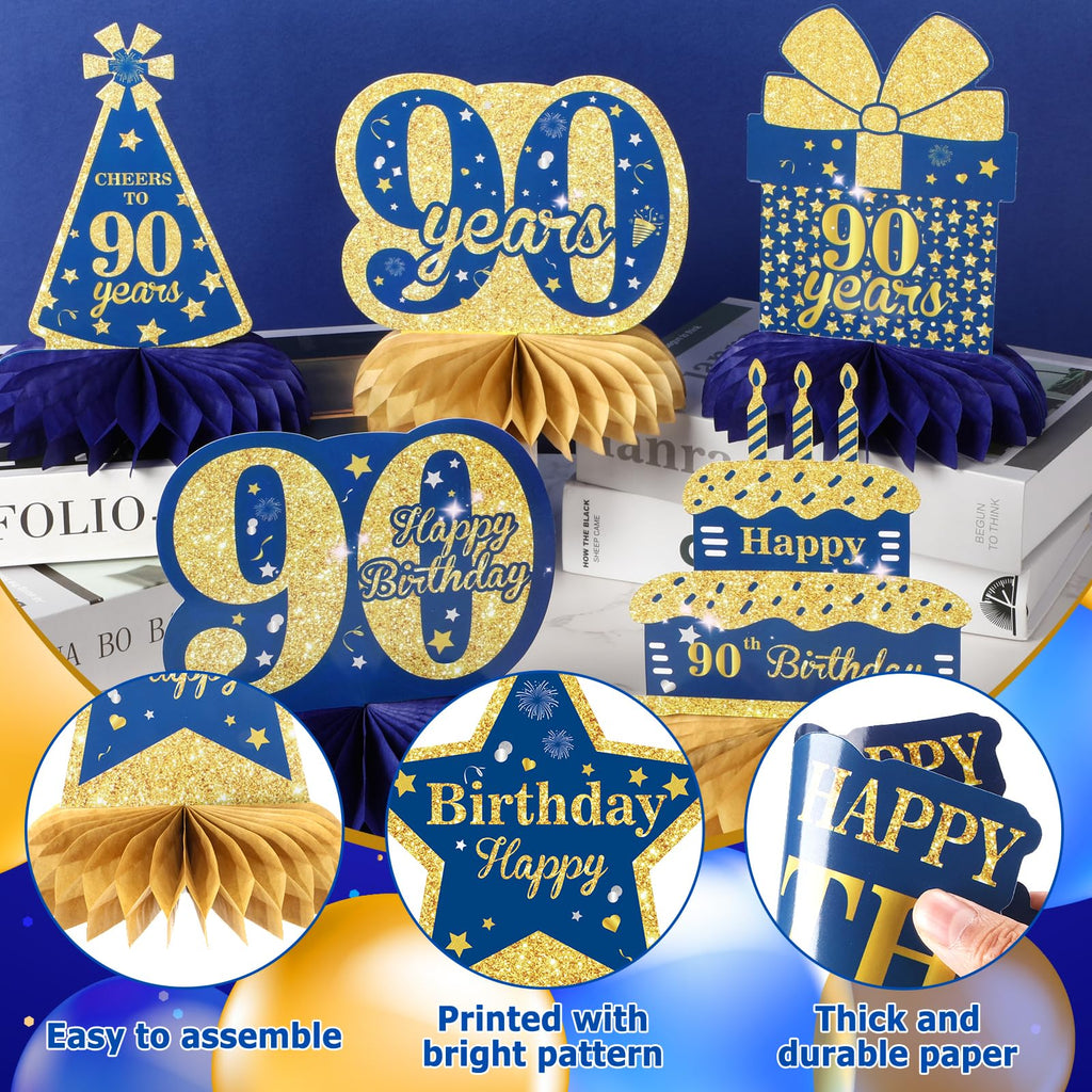 Wayyogh 9-Piece Navy Blue & Gold 90th Birthday Honeycomb Centerpieces – Table Decor for Men, Women, Anniversary Parties