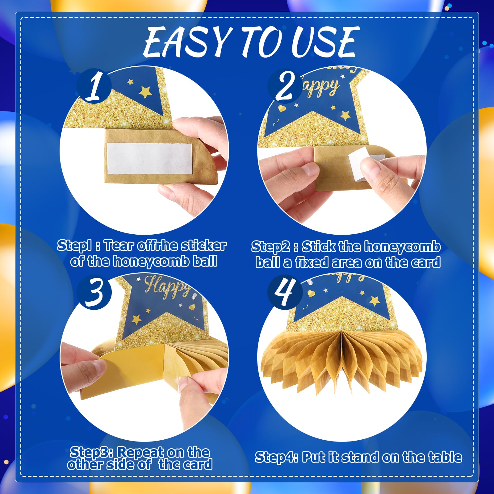 Wayyogh 9-Piece Navy Blue & Gold 90th Birthday Honeycomb Centerpieces – Table Decor for Men, Women, Anniversary Parties