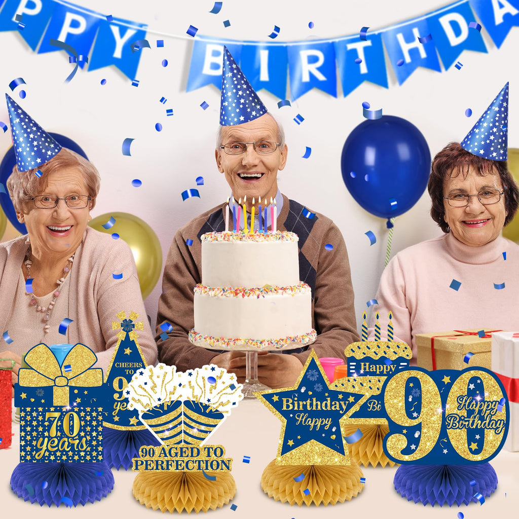 Wayyogh 9-Piece Navy Blue & Gold 90th Birthday Honeycomb Centerpieces – Table Decor for Men, Women, Anniversary Parties