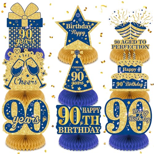 Wayyogh 9-Piece Navy Blue & Gold 90th Birthday Honeycomb Centerpieces – Table Decor for Men, Women, Anniversary Parties