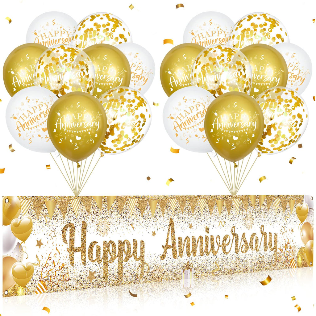 Wayyogh Happy Anniversary Decorations Set - White Gold Banner & 18 Balloons for Wedding Anniversary Party