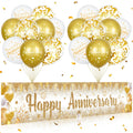 Wayyogh Happy Anniversary Decorations Set - White Gold Banner & 18 Balloons for Wedding Anniversary Party