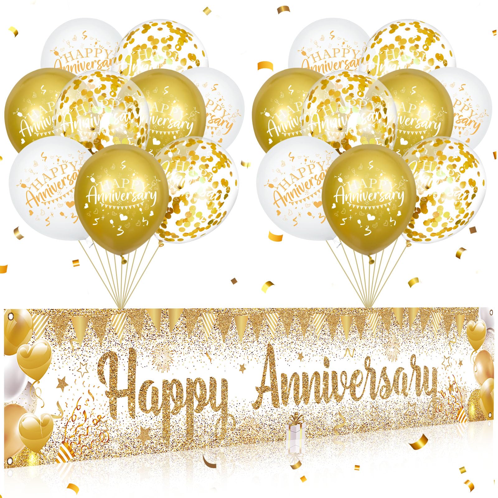 Wayyogh Happy Anniversary Decorations Set - White Gold Banner & 18 Balloons for Wedding Anniversary Party