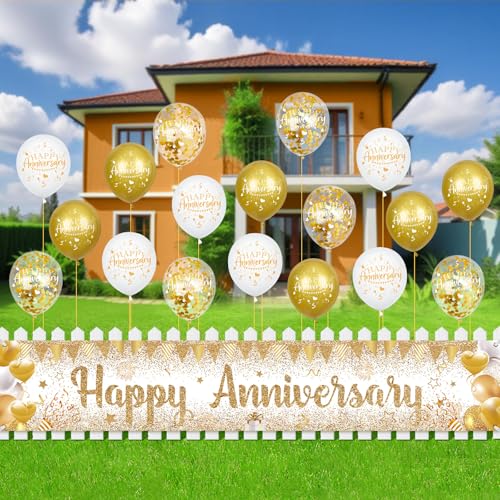 Wayyogh Happy Anniversary Decorations Set - White Gold Banner & 18 Balloons for Wedding Anniversary Party