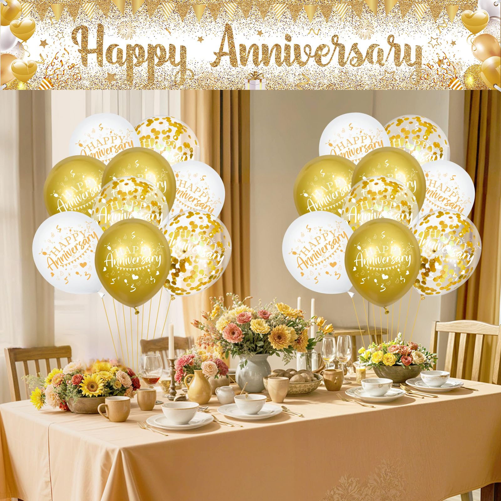 Wayyogh Happy Anniversary Decorations Set - White Gold Banner & 18 Balloons for Wedding Anniversary Party