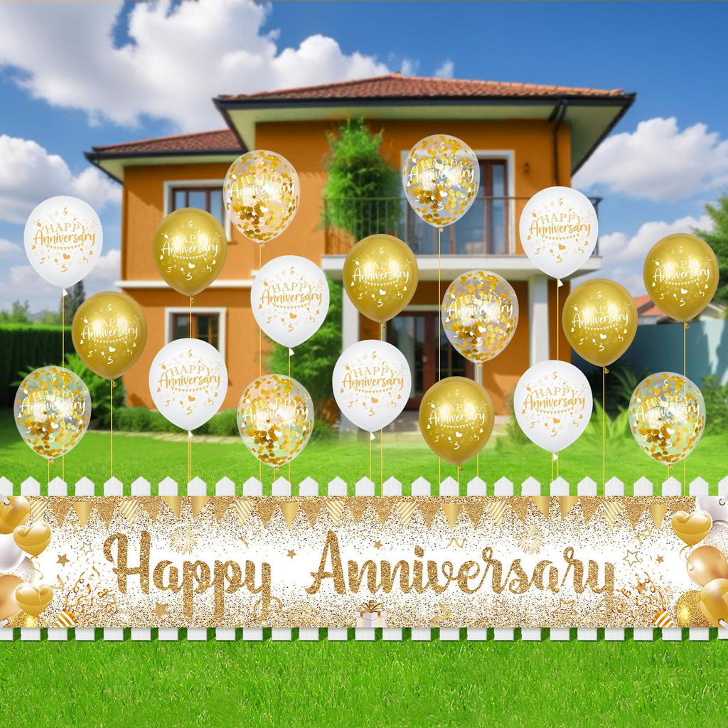 Wayyogh Happy Anniversary Decorations Set - White Gold Banner & 18 Balloons for Wedding Anniversary Party