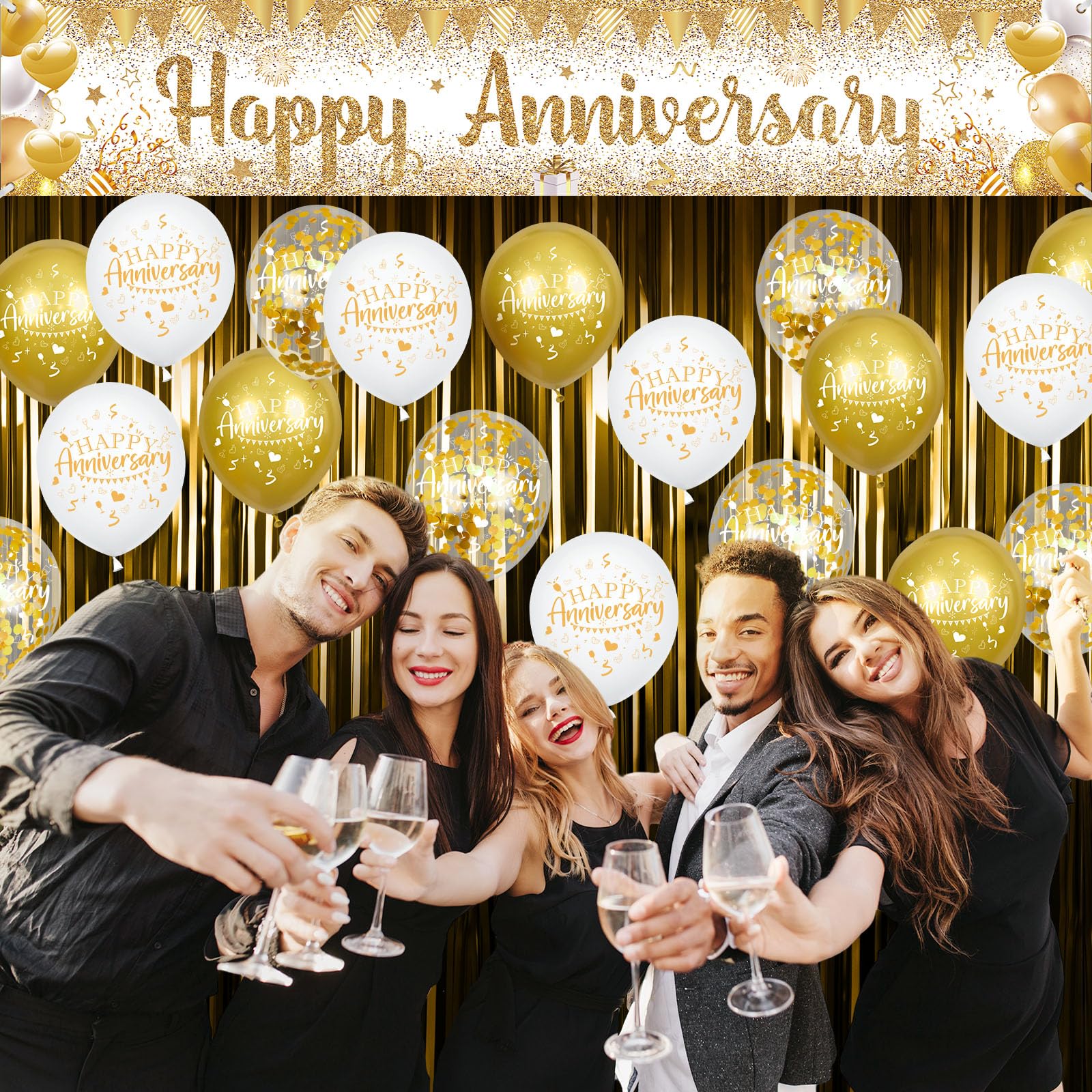 Wayyogh Happy Anniversary Decorations Set - White Gold Banner & 18 Balloons for Wedding Anniversary Party