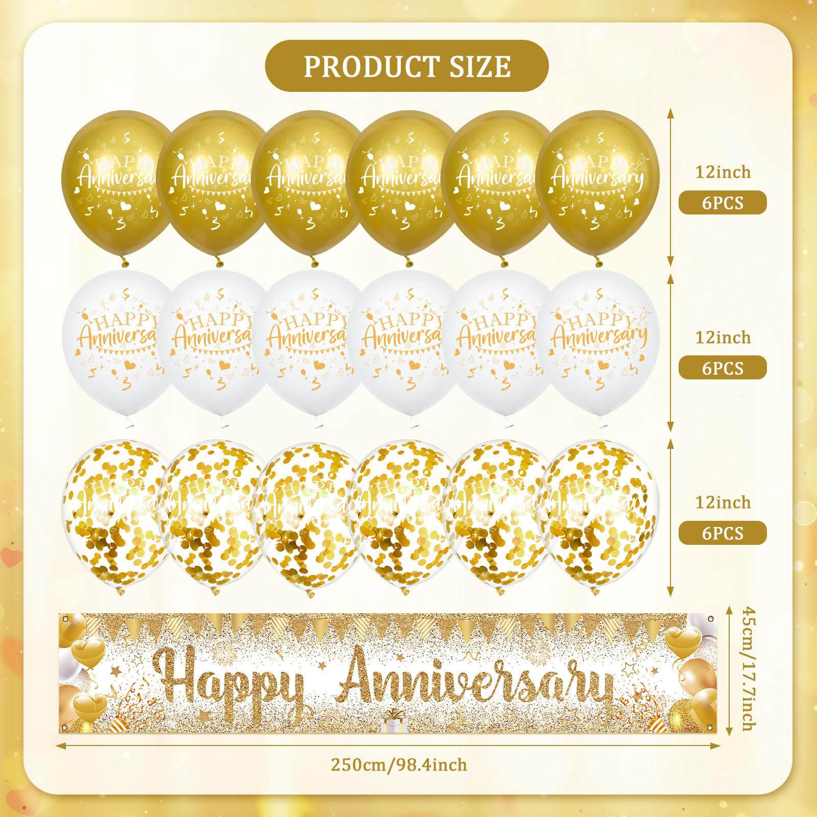Wayyogh Happy Anniversary Decorations Set - White Gold Banner & 18 Balloons for Wedding Anniversary Party