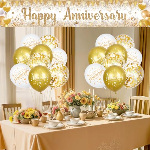 Wayyogh Happy Anniversary Decorations Set - White Gold Banner & 18 Balloons for Wedding Anniversary Party